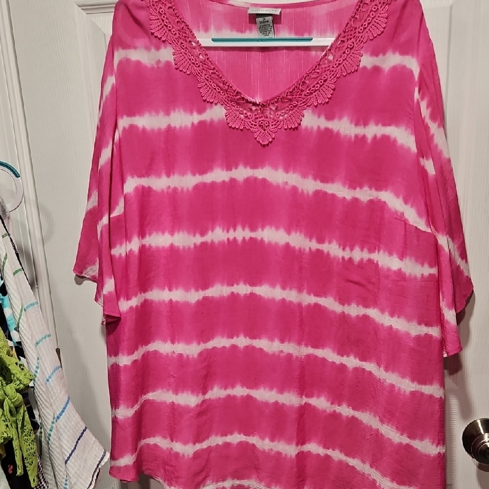 Catherines Pink & White Tie-Dye V-Neck Crochet Trim Tunic